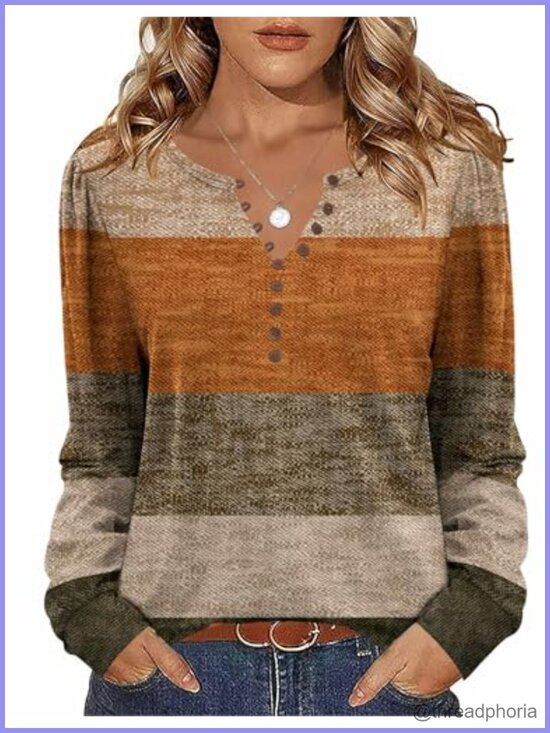 Tops - Women's Floral Tunic Top Long Sleeve V-Neck Button Up Blouse